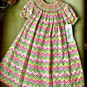 NEW Smocked chevron bishop Royal Child size 5T pink, green & red girl’s dress